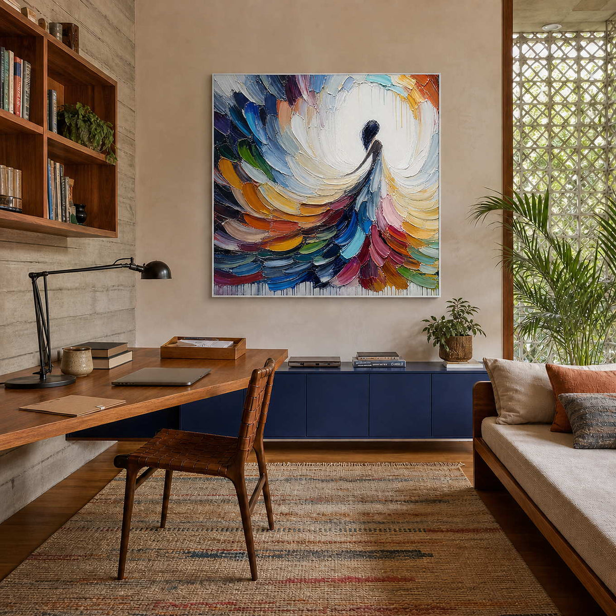 Modern figurative wall art brightening a natural home office.