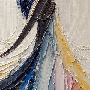 Close-up of raised navy, blue, ivory, and gold paint texture.