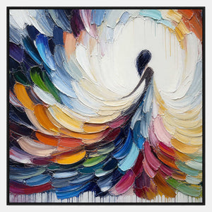 Hand-painted female silhouette surrounded by sweeping multicolor palette-knife strokes.