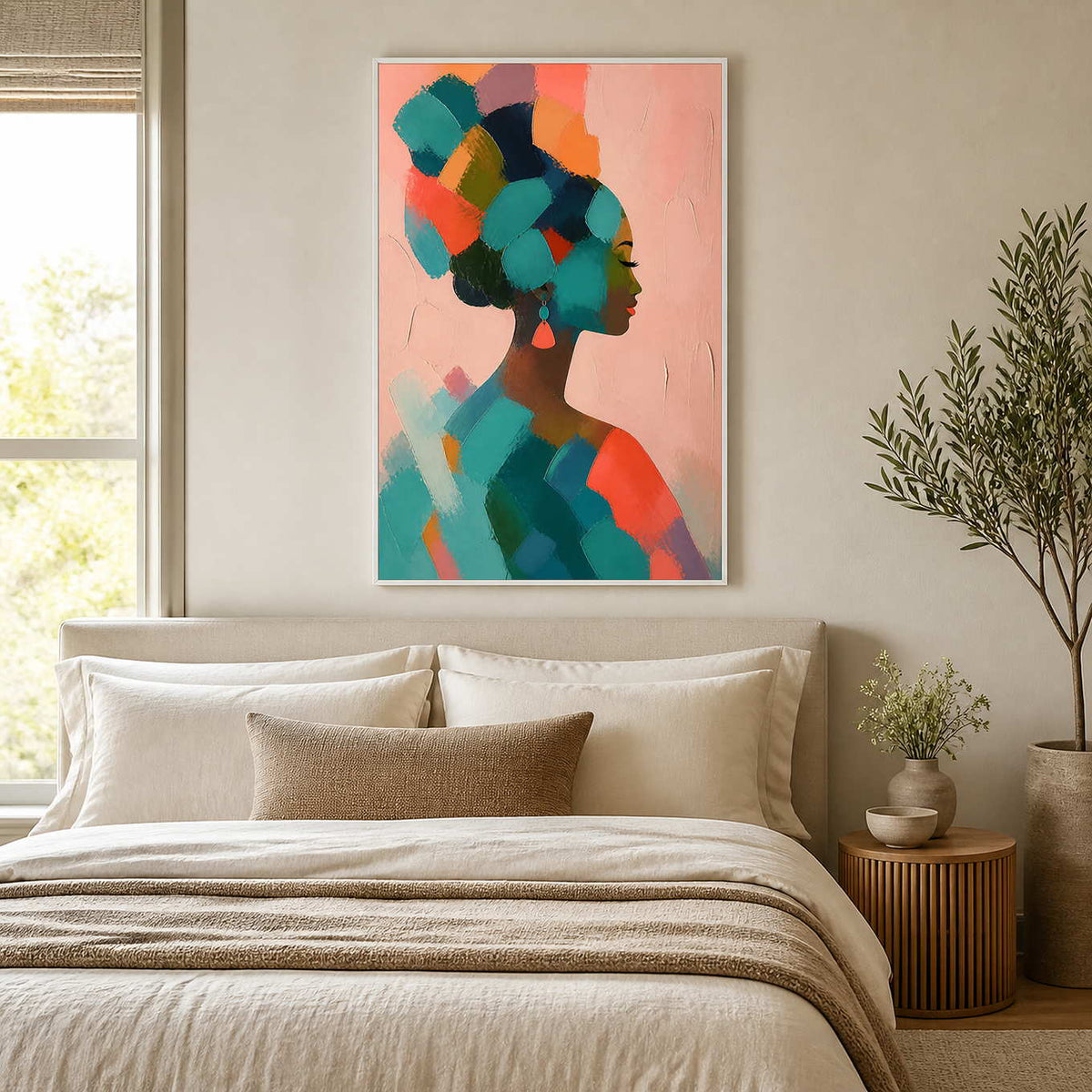 Colorful modern portrait canvas above a calm neutral bedroom.