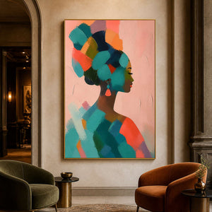 Color-block portrait canvas in a warm modern gallery lounge.