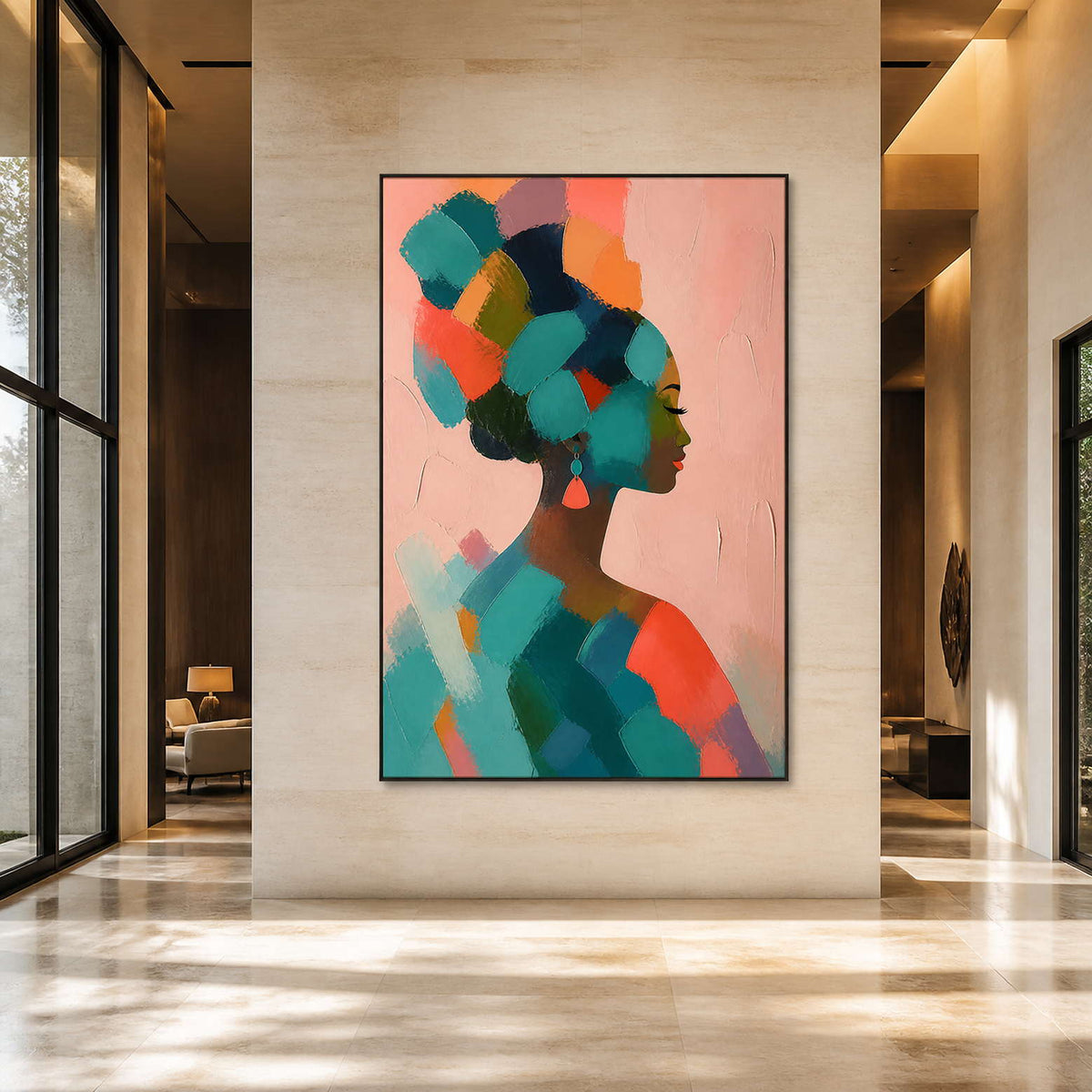 Bold colorful portrait painting displayed in a bright contemporary hotel lobby.