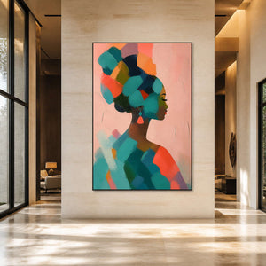 Bold colorful portrait painting displayed in a bright contemporary hotel lobby.