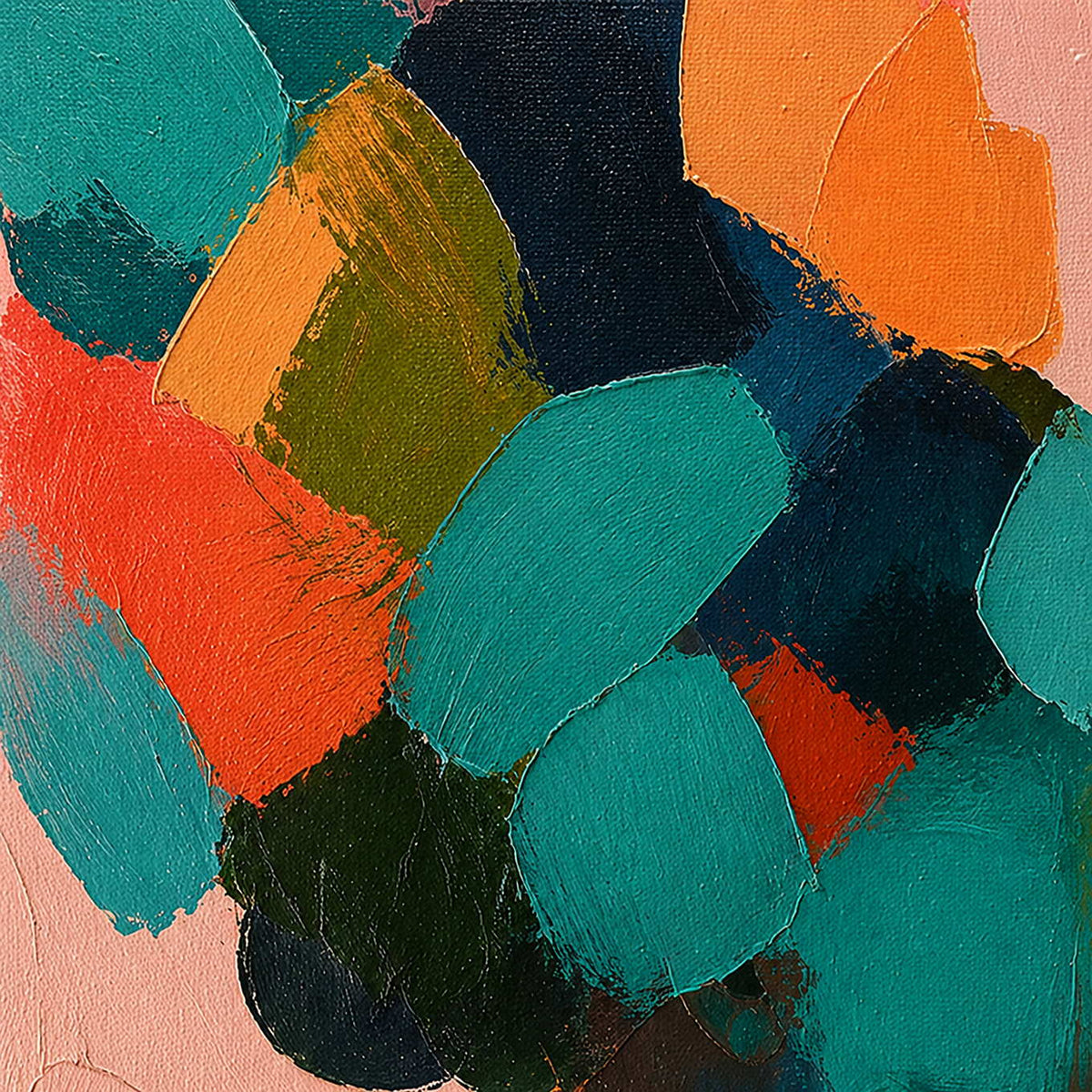 Close-up of layered teal, navy, emerald, orange, and coral brushwork.