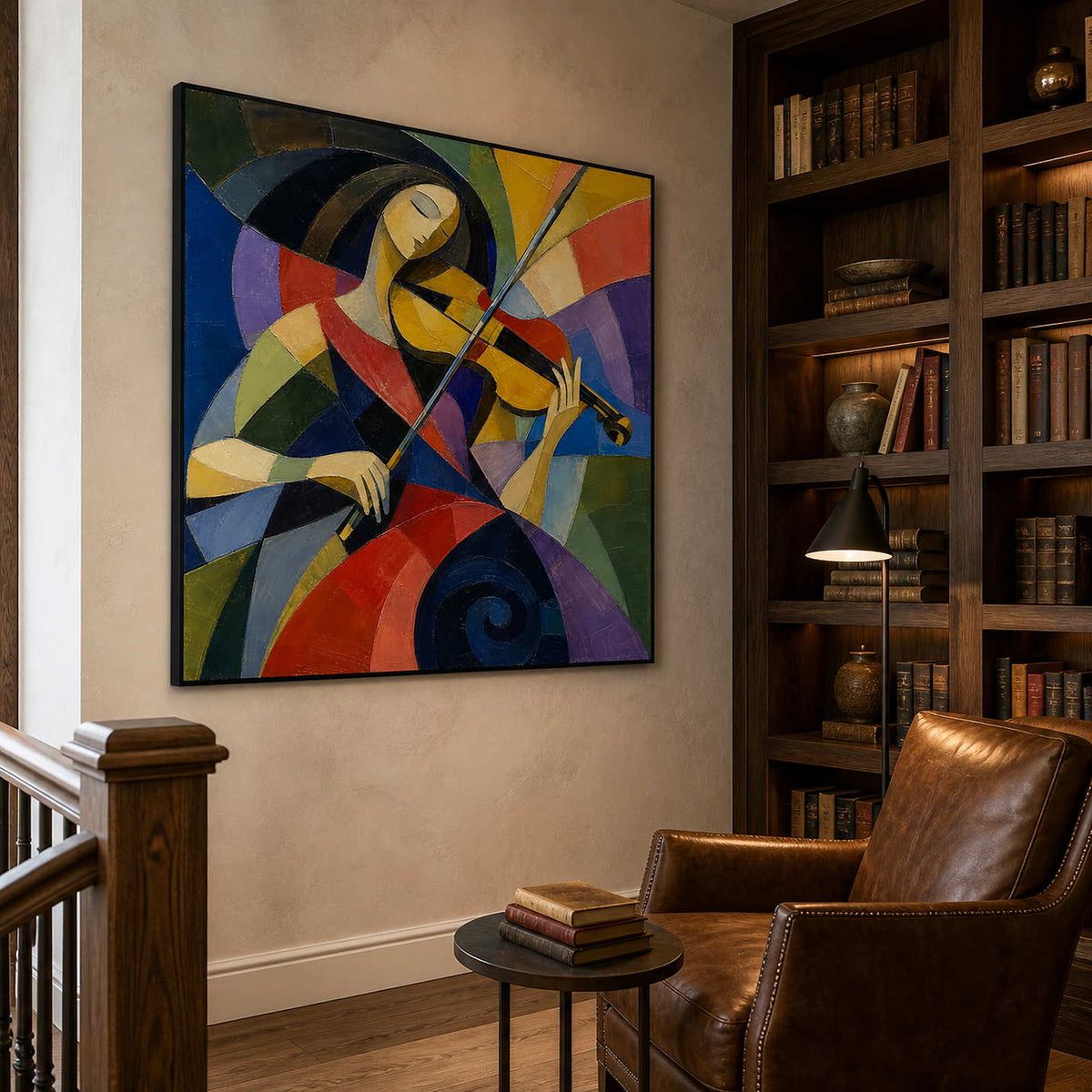 Square modern musician wall art shown from the left in a collector study lounge.