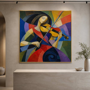 Expressive violinist wall art displayed in a contemporary gallery reception.