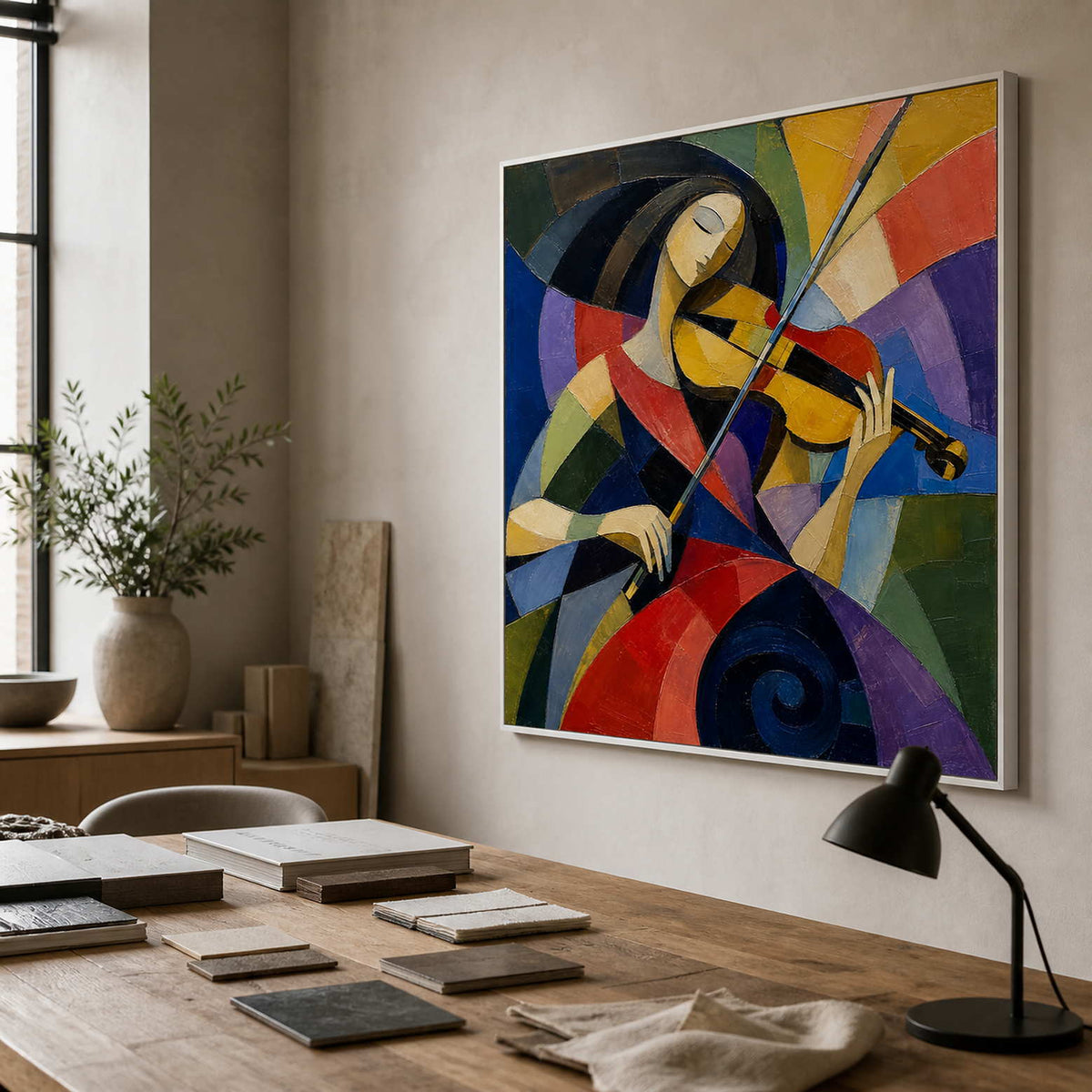 Modern figurative wall art shown from the right in an interior design studio.
