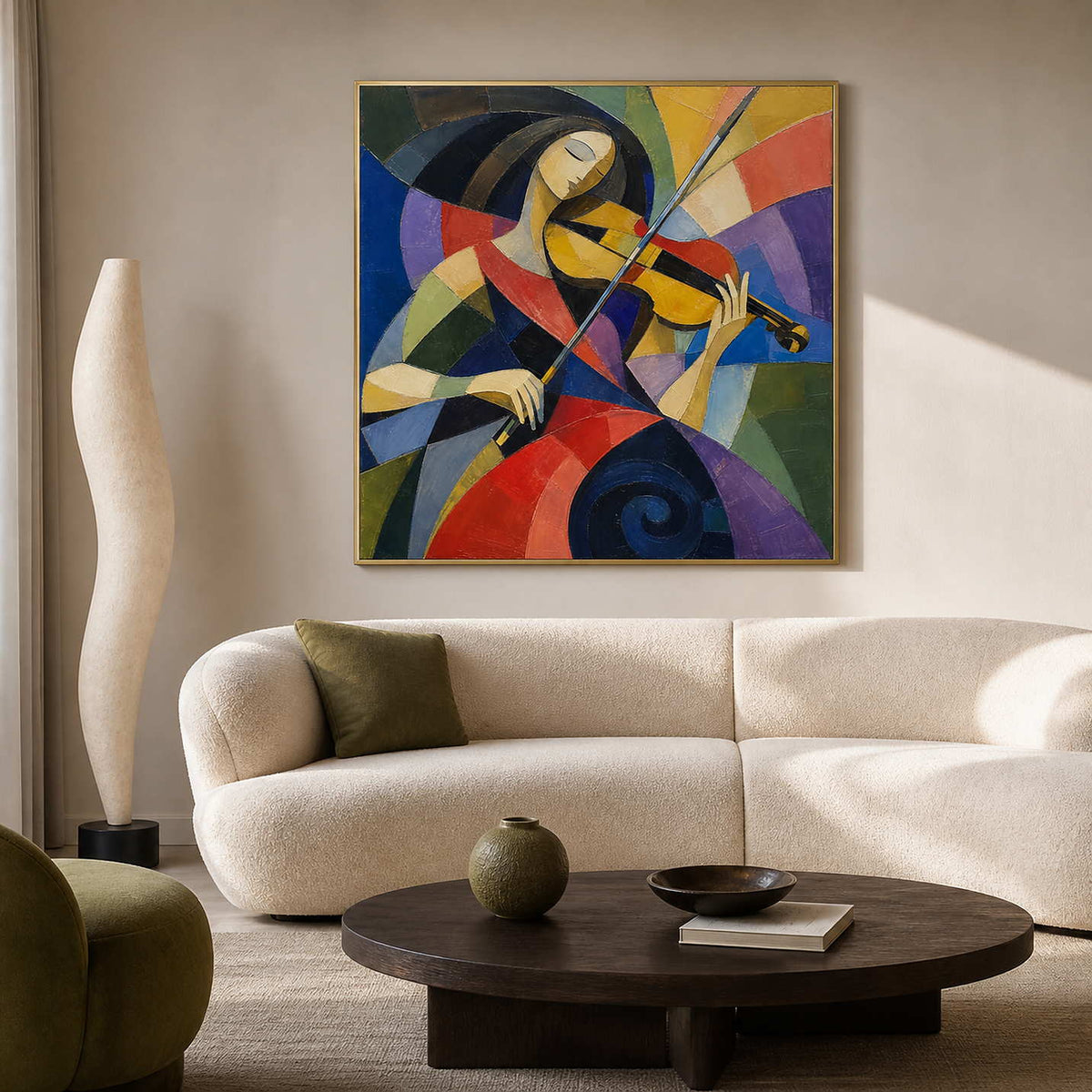 Modern colorful violinist wall art displayed in an art collector living room.