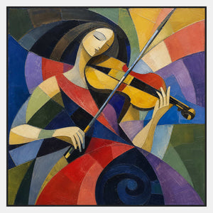 Hand-painted square violinist wall art in cobalt, coral, violet, ochre, green, and black.