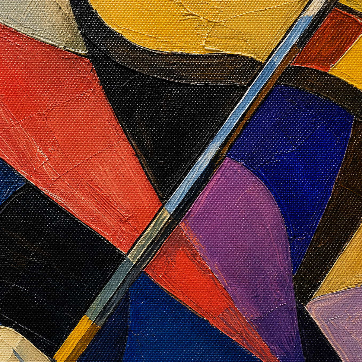 Close-up of layered cobalt, coral, violet, ochre, green, and black paint texture.