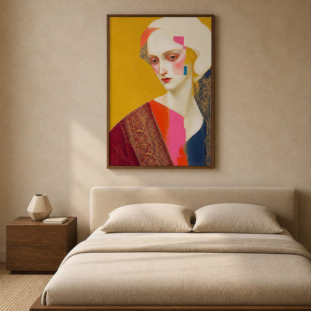 Graphic female portrait wall art styled above a neutral bed.