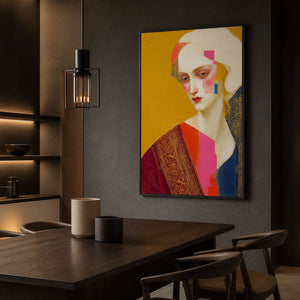 Colorful modern portrait painting displayed in a dark dining room.
