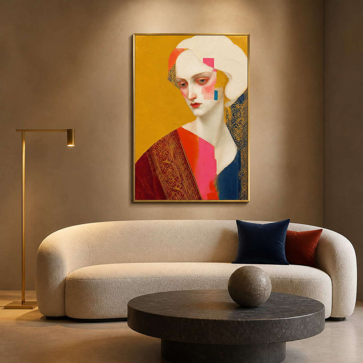 Colorful female portrait canvas styled in a boutique hotel lounge.