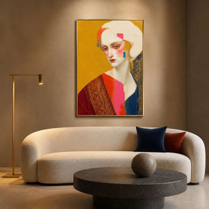 Colorful female portrait canvas styled in a boutique hotel lounge.