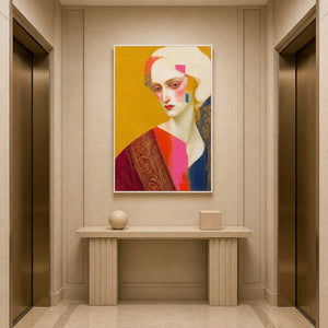 Modern portrait artwork displayed in an elegant hotel elevator lobby.