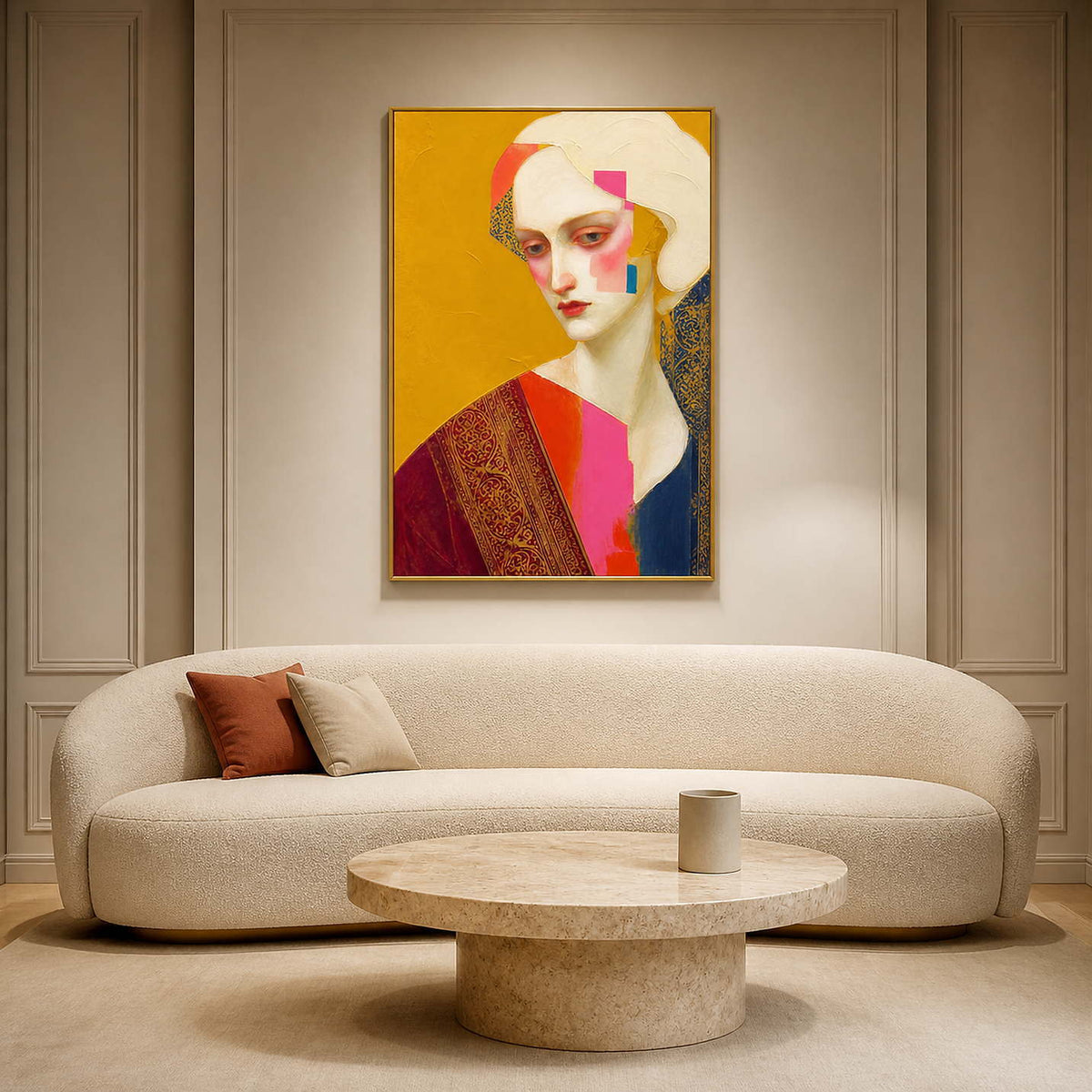 Modern portrait wall art in a warm and refined living room.