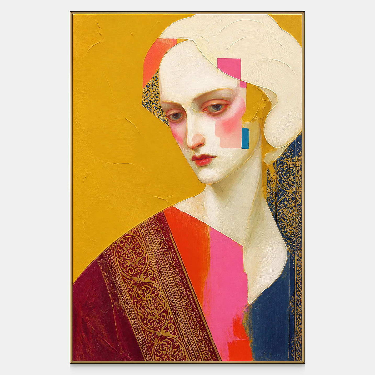 Hand-painted female portrait in gold, crimson, pink, ivory, and blue.