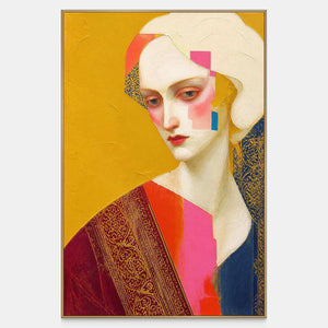 Hand-painted female portrait in gold, crimson, pink, ivory, and blue.