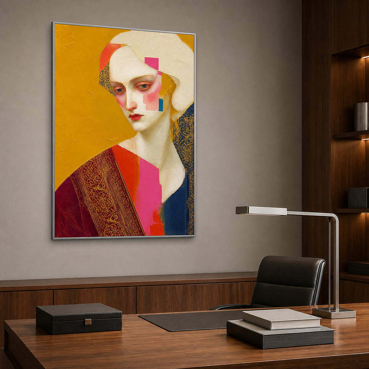 Gold and crimson portrait canvas bringing character to an office.