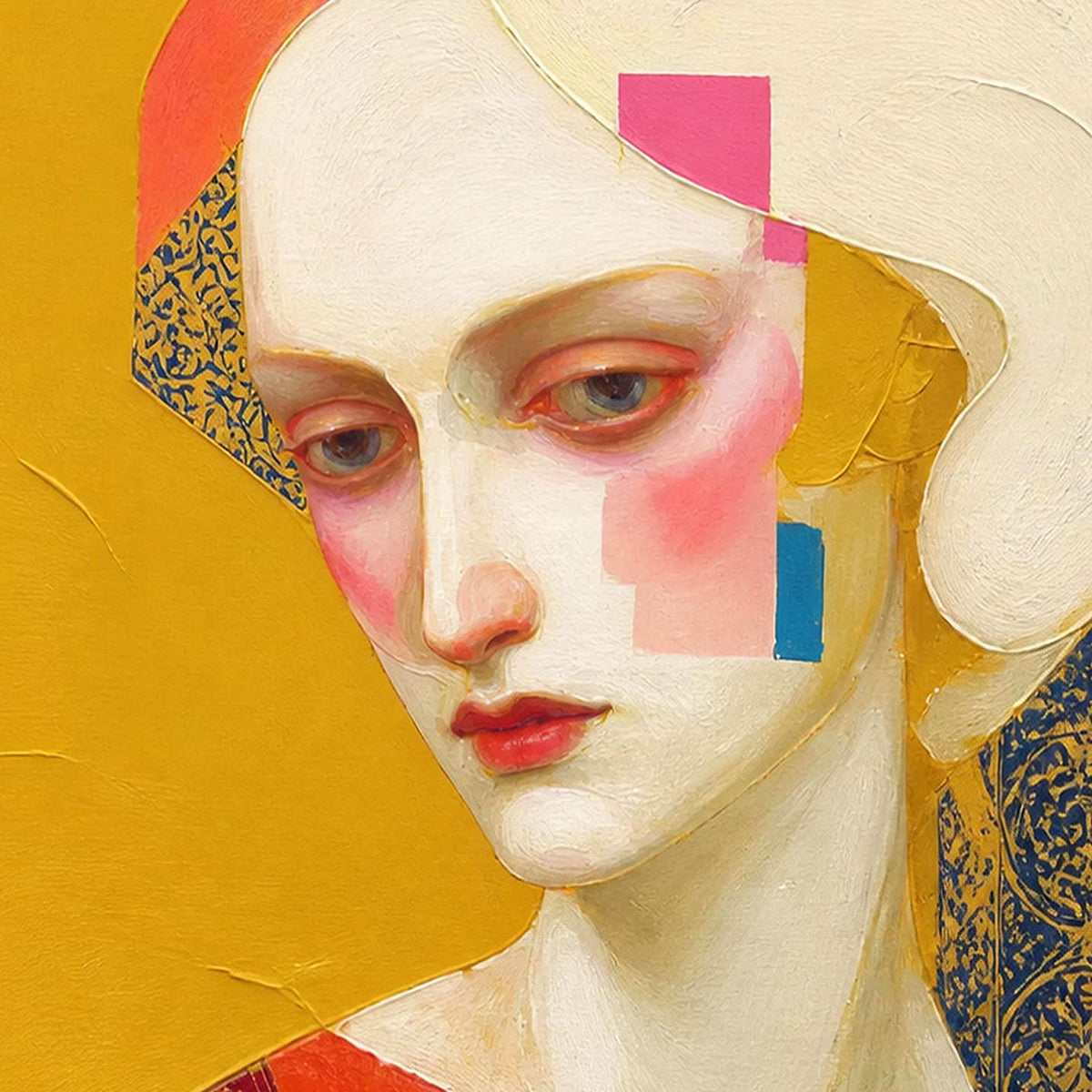Close-up of the ivory face and layered geometric color texture.