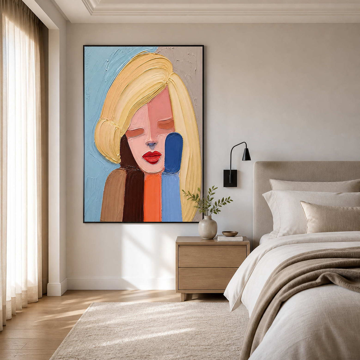 Bold colorful portrait painting displayed in a bright neutral bedroom.