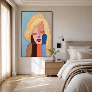 Bold colorful portrait painting displayed in a bright neutral bedroom.