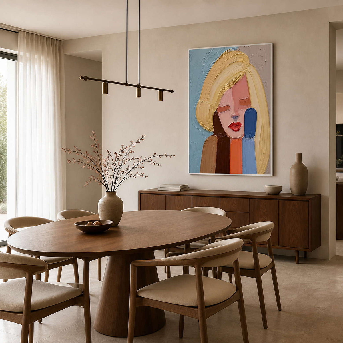 Textured female portrait displayed above a warm wood dining room.