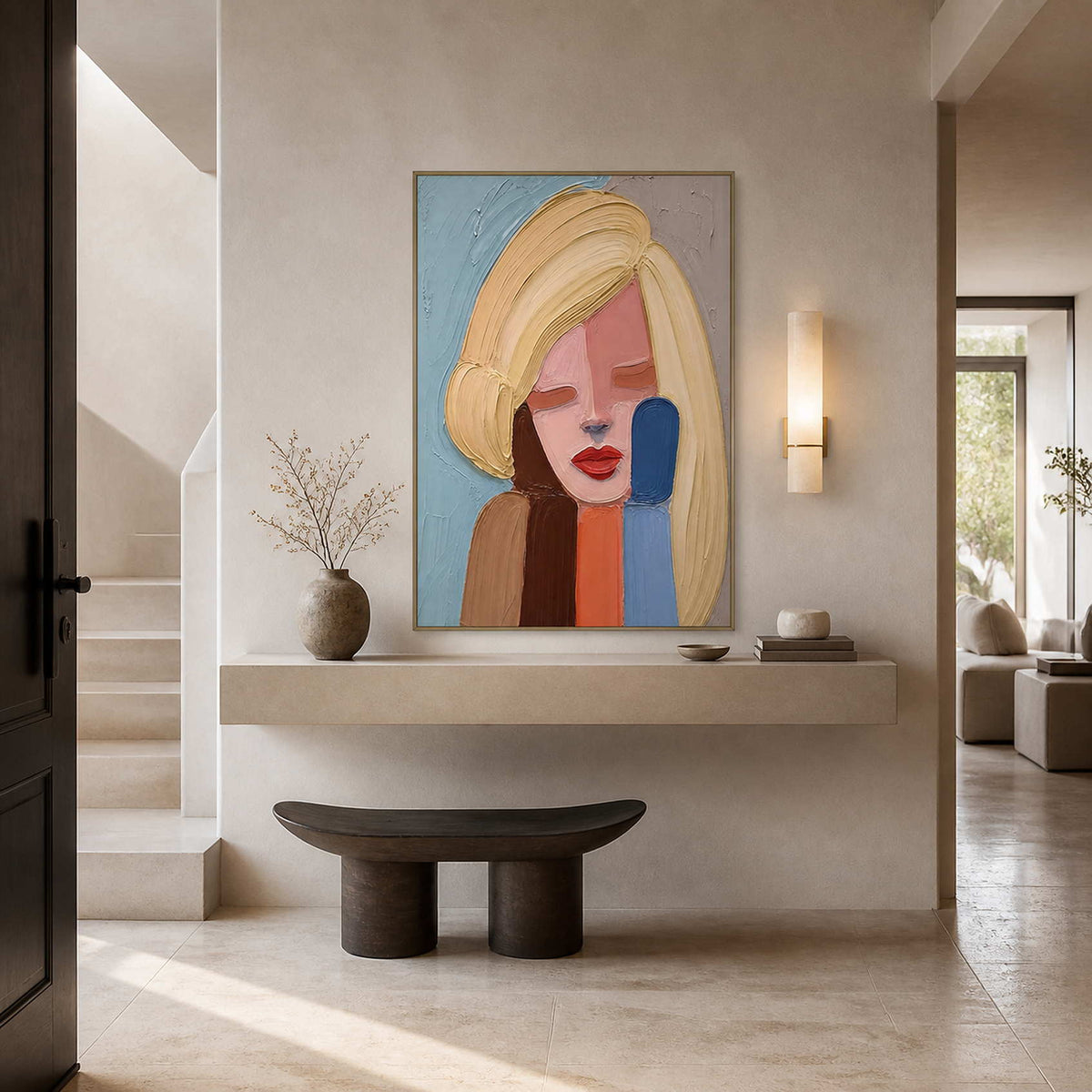 Vertical colorful portrait displayed in a softly lit modern entryway.