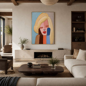 Colorful textured portrait wall art displayed in a warm modern living room.