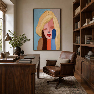 Modern portrait wall art displayed in a walnut home office.