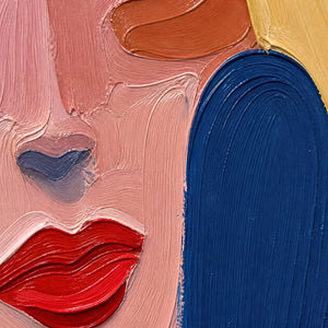 Close-up of blush, cobalt, ochre, and red palette-knife texture.