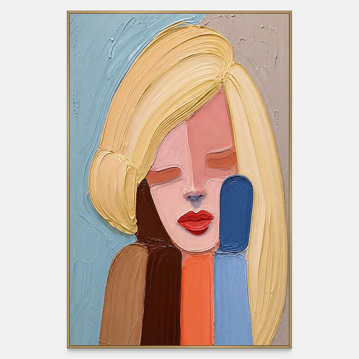 Vertical modern portrait in blush pink, cobalt blue, ochre, and red.