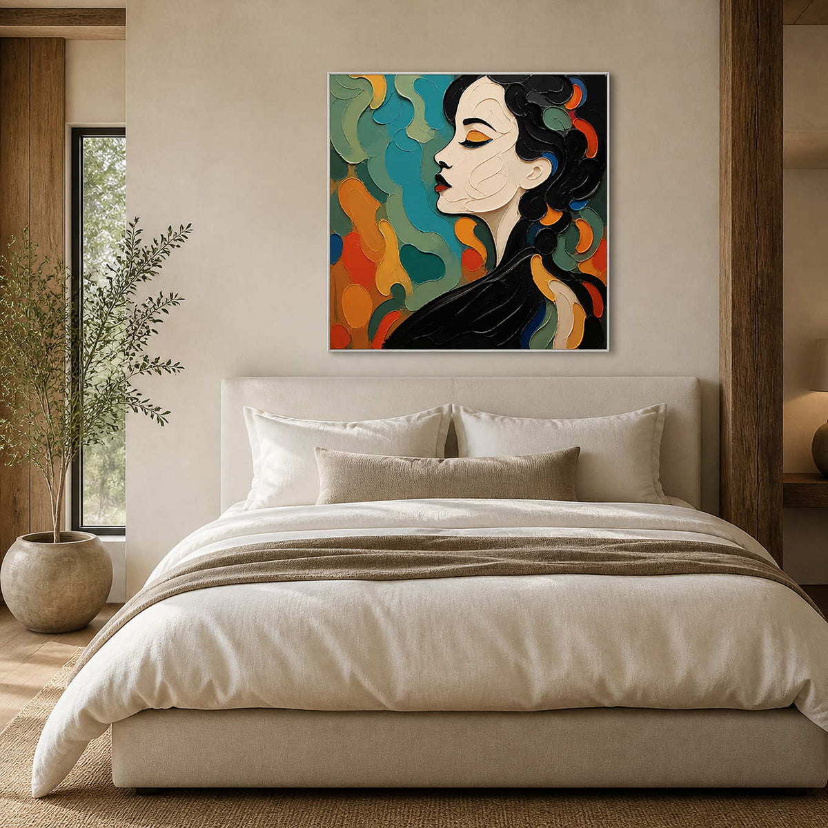 Square modern portrait canvas above a calm neutral bedroom.