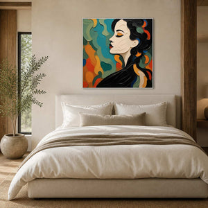 Square modern portrait canvas above a calm neutral bedroom.