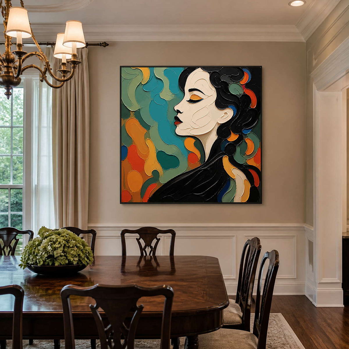 Teal and orange textured portrait brings warmth to an elegant dining room.