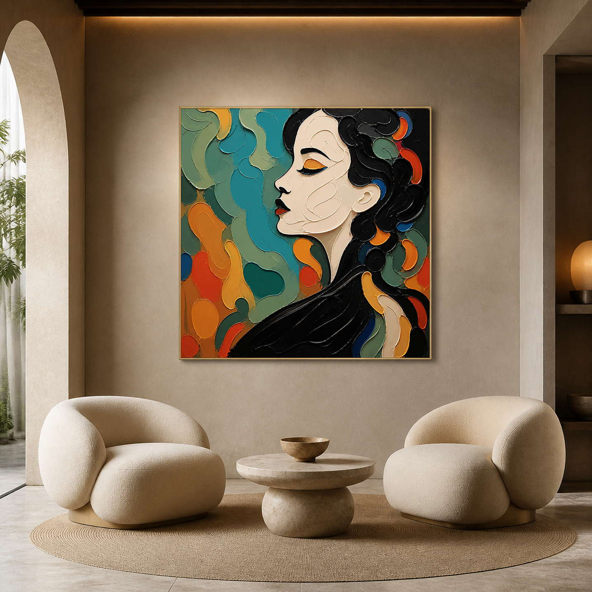 Textured profile portrait canvas in a warm modern gallery lounge.