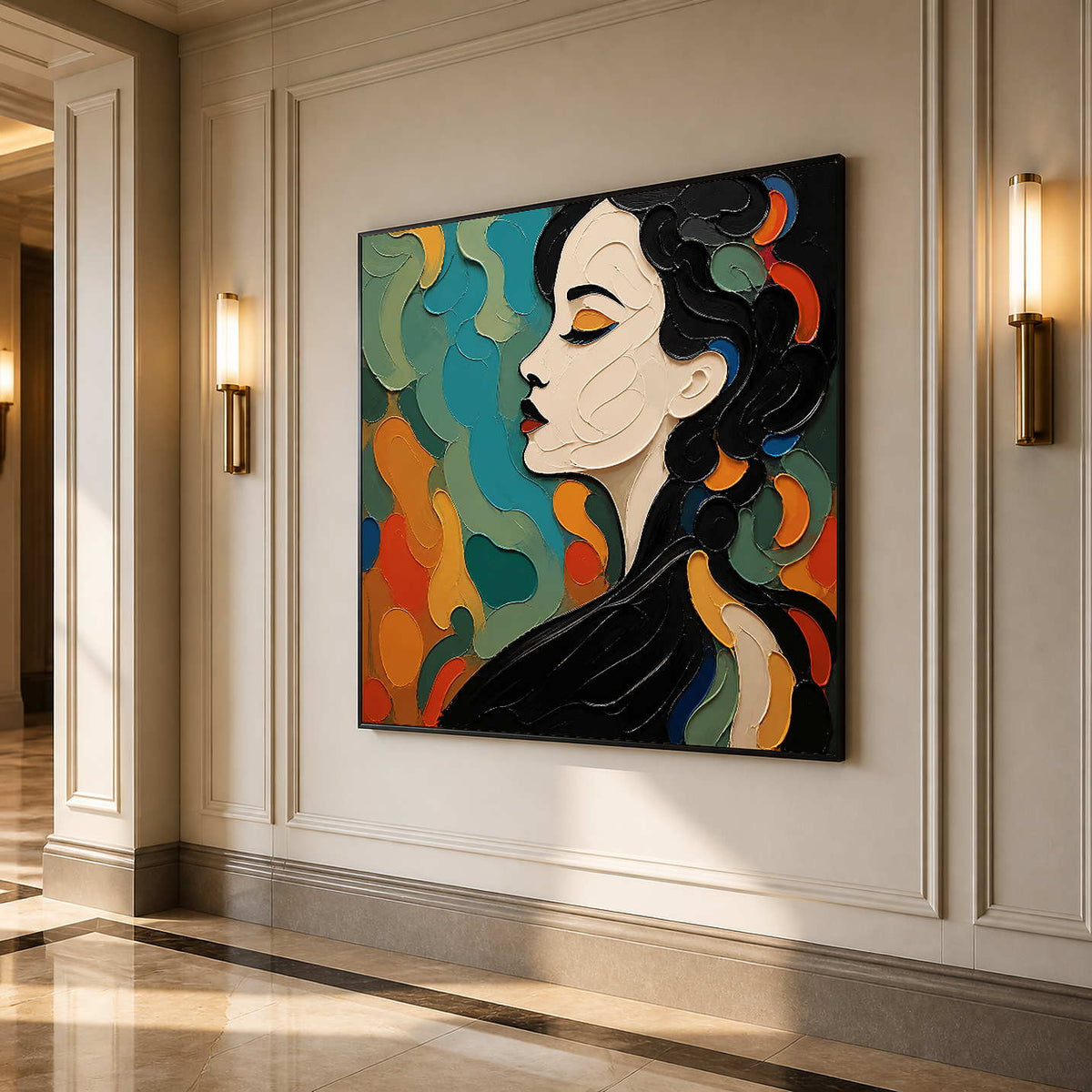 Square colorful portrait wall art displayed along a bright contemporary hallway.