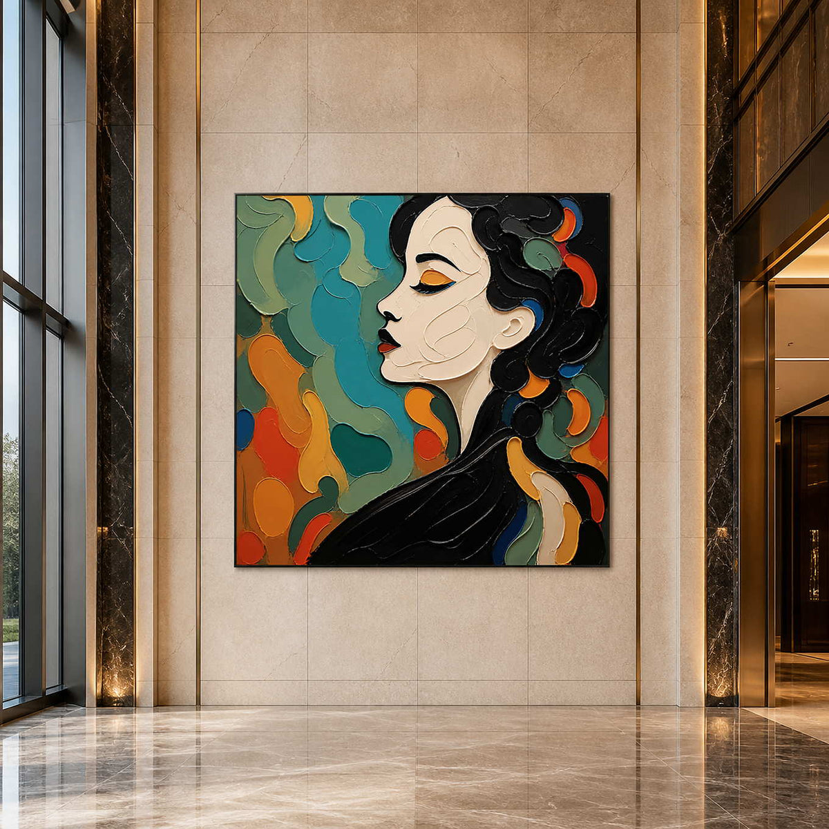 Colorful square portrait painting displayed in a bright contemporary hotel lobby.