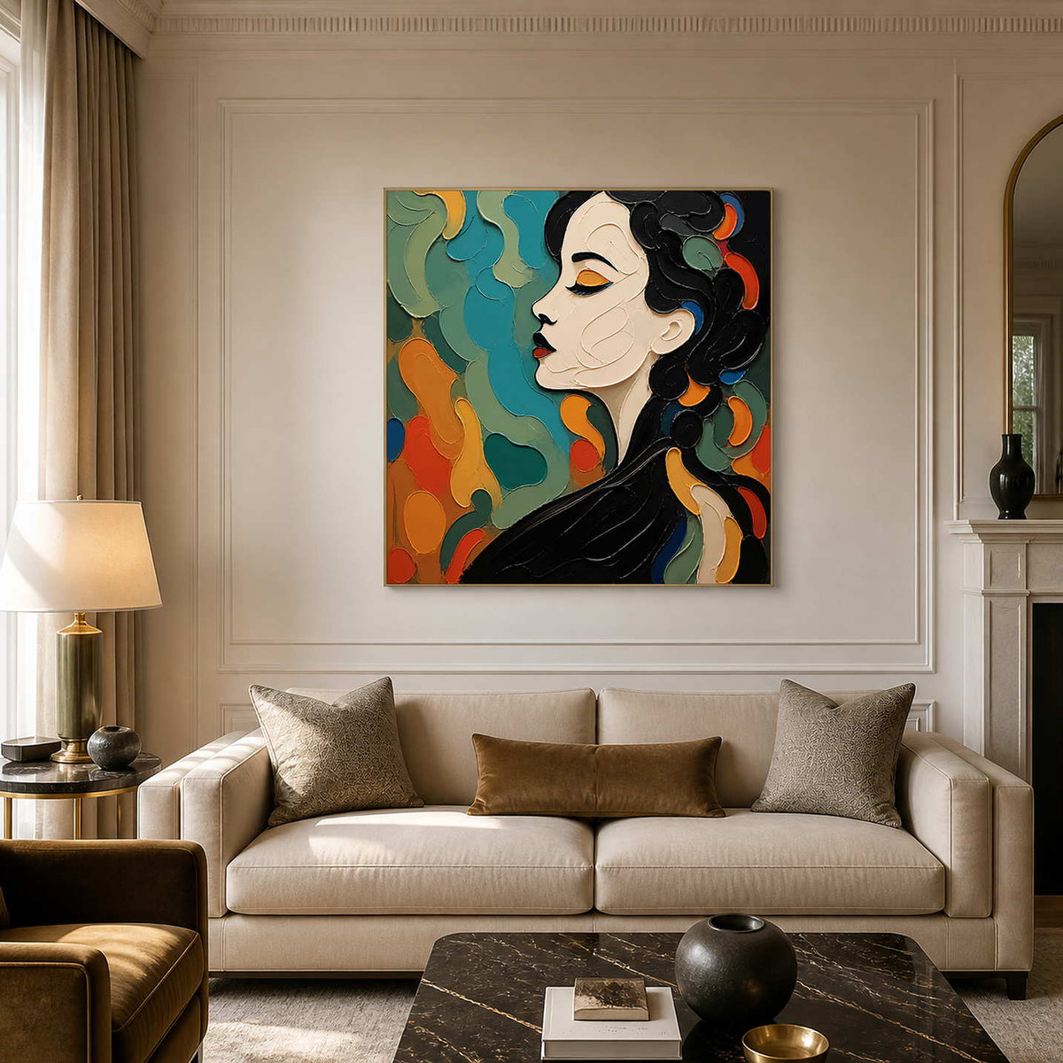 Textured teal and orange portrait wall art above a neutral living room sofa.