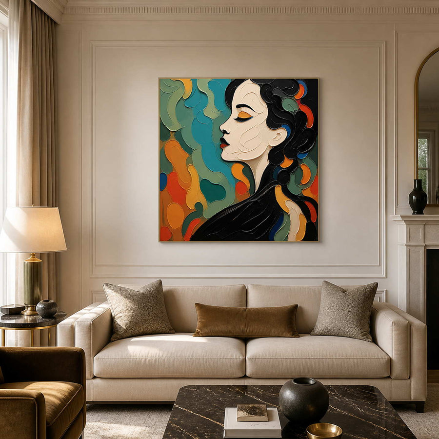 Textured teal and orange portrait wall art above a neutral living room sofa.