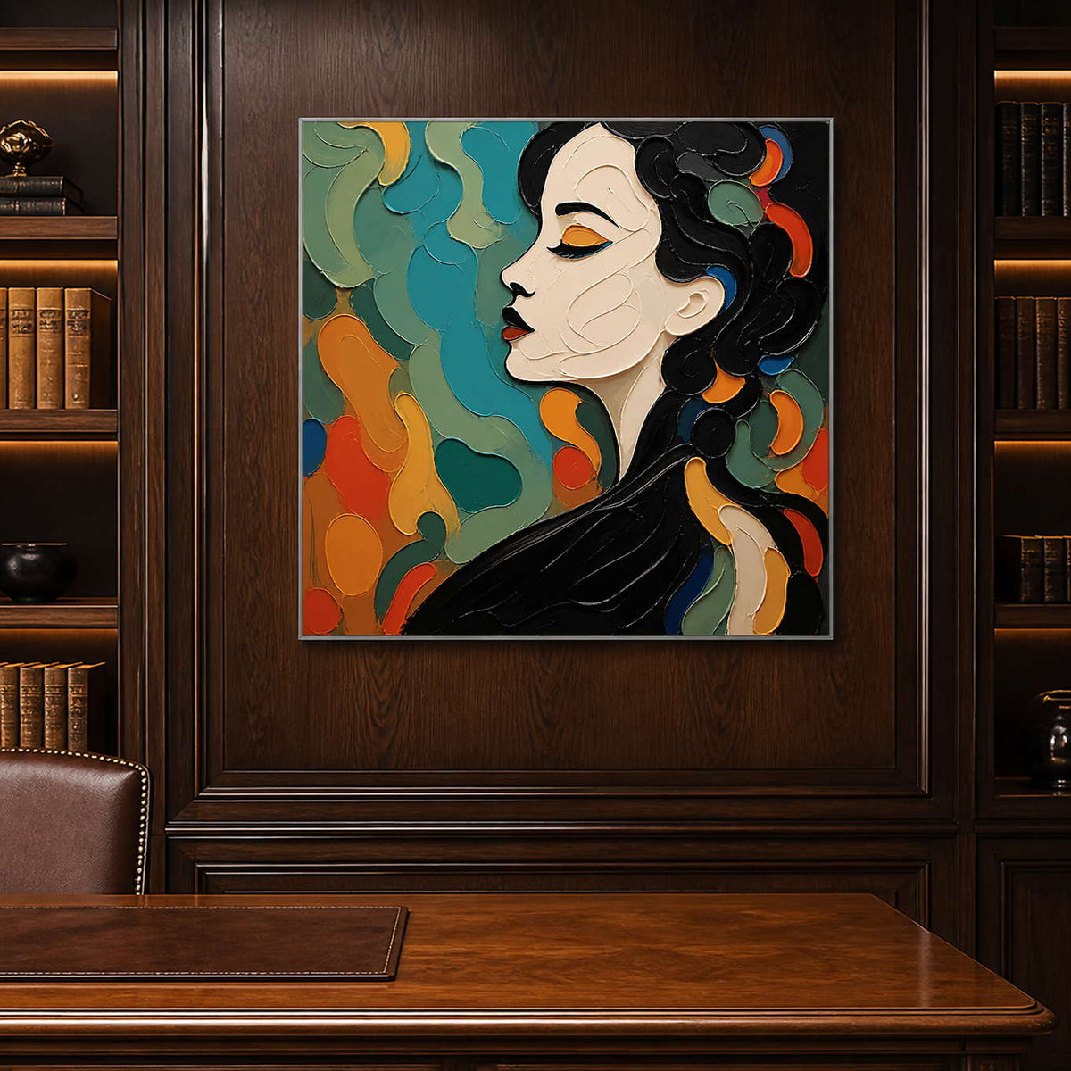 Bold textured profile portrait creates a focal point in a dark office.