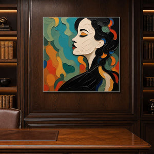 Bold textured profile portrait creates a focal point in a dark office.