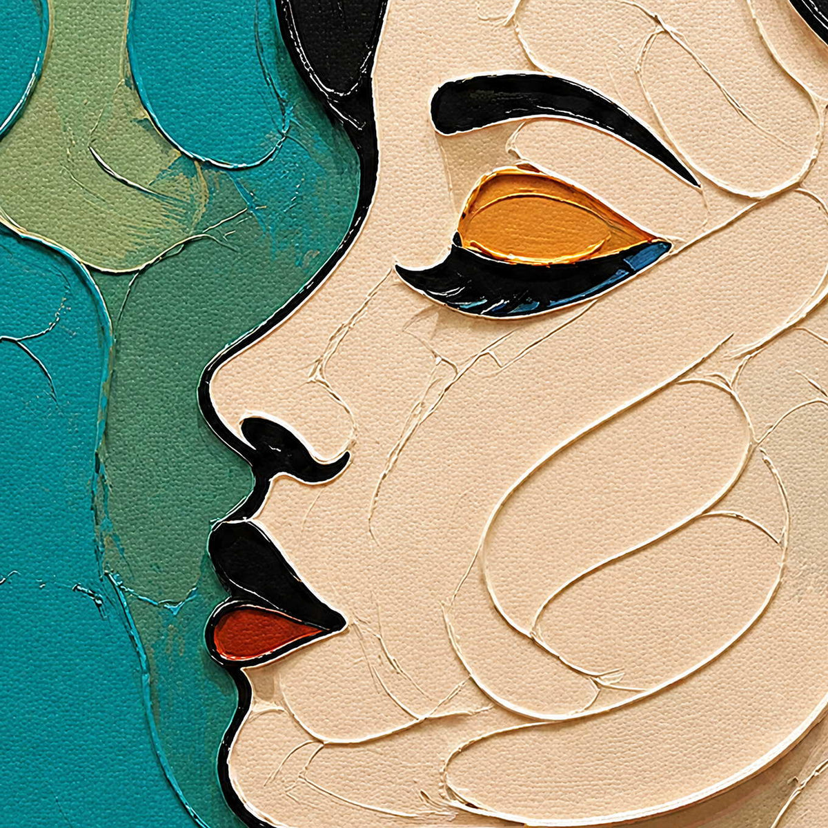 Close-up of raised ivory facial contours with black, teal, and orange paint.