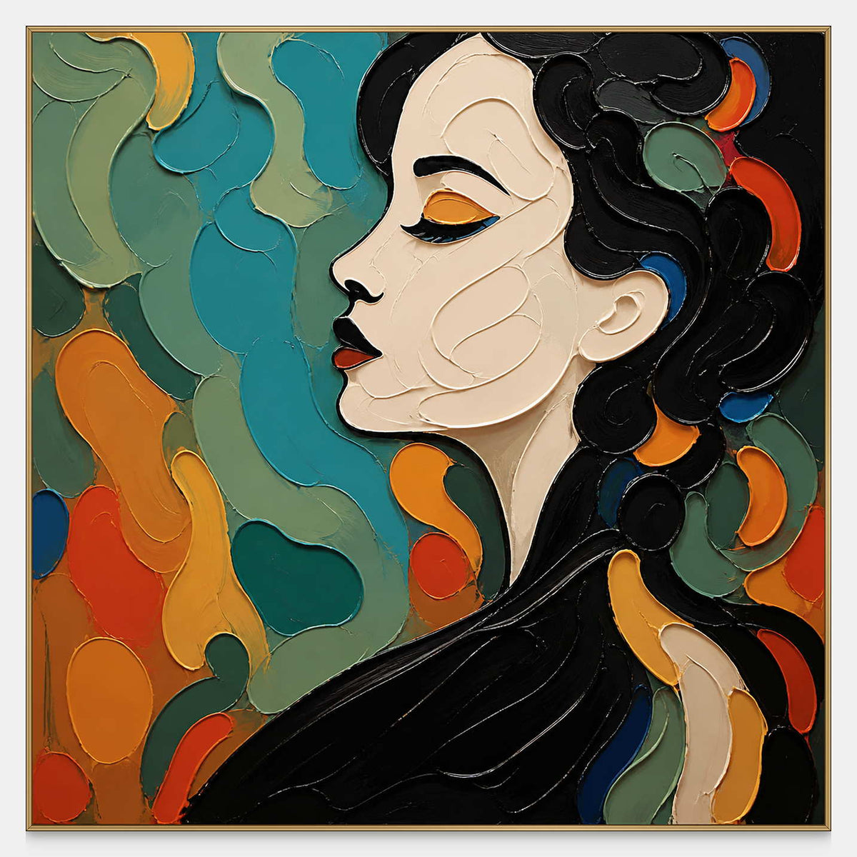 Hand-painted square profile portrait with black, ivory, teal, sage, and orange relief.