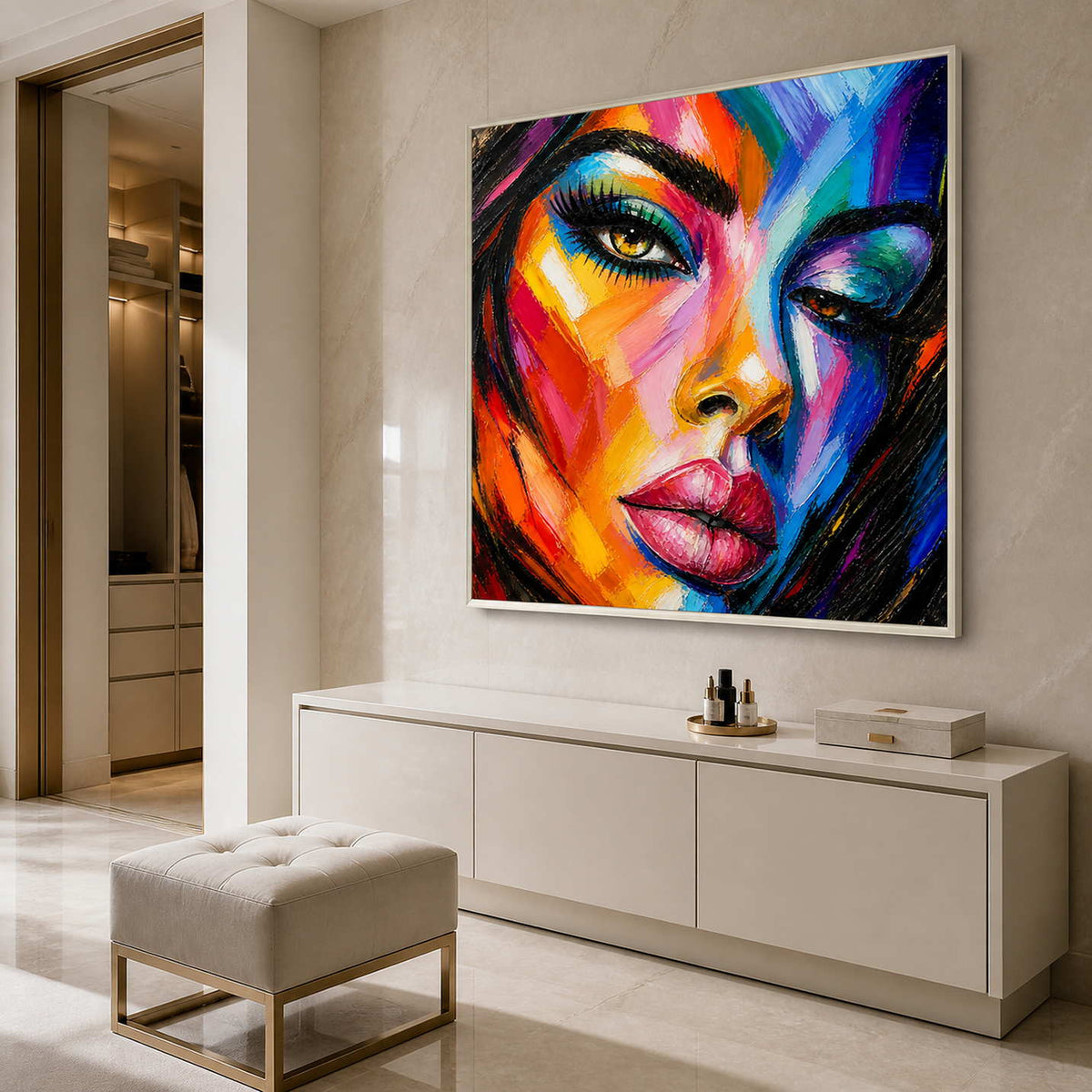 Bold pop art portrait above a bright bathroom dressing console.