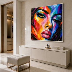 Bold pop art portrait above a bright bathroom dressing console.