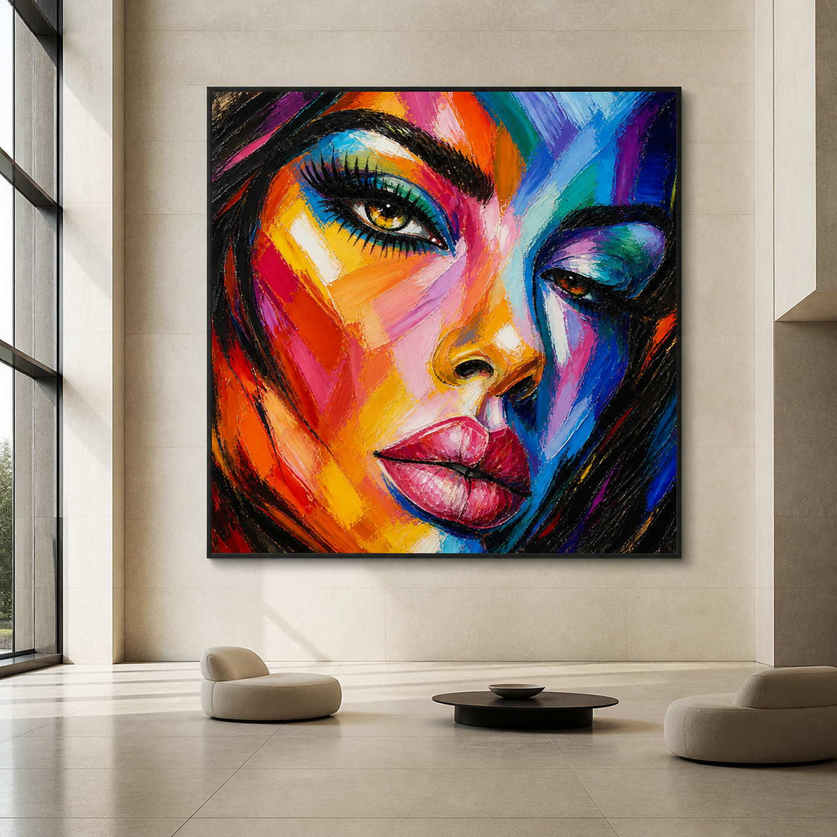 Large colorful portrait artwork in a high-ceiling commercial art hall.