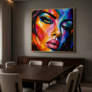 Bold multicolor portrait artwork above a dark warm dining table.