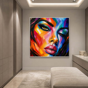 Vivid female pop art canvas in a refined private dressing room.