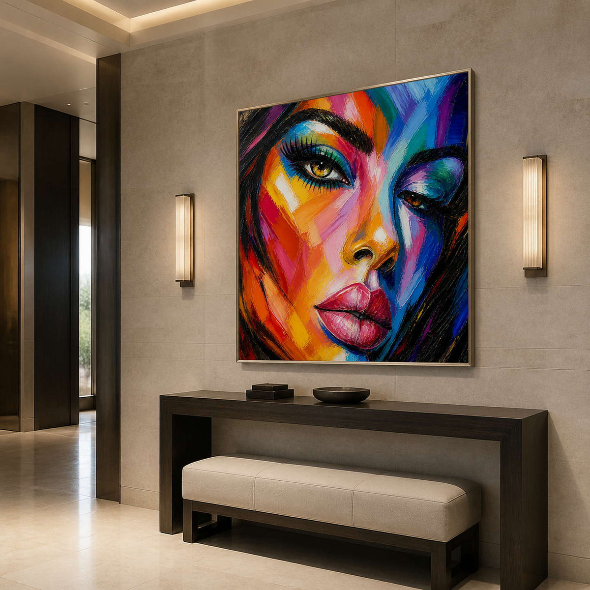 Expressive colorful portrait displayed in a pale stone entryway.